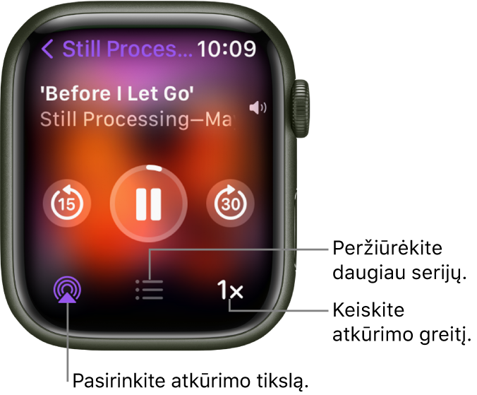 „Podcasts“ ekranas „Now Playing“, rodantis laidos pavadinimą, datą, 15 sekundžių praleidimo atgal mygtuką, pristabdymo mygtuką, 30 sekundžių praleidimo pirmyn mygtuką, „AirPlay“ mygtuką, laidų mygtuką ir atkūrimo greičio mygtuką.