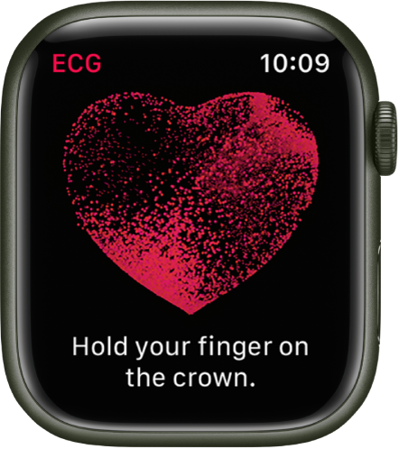 Lietotnē ECG redzams sirds attēls ar uzrakstu “Hold your finger on the crown.”