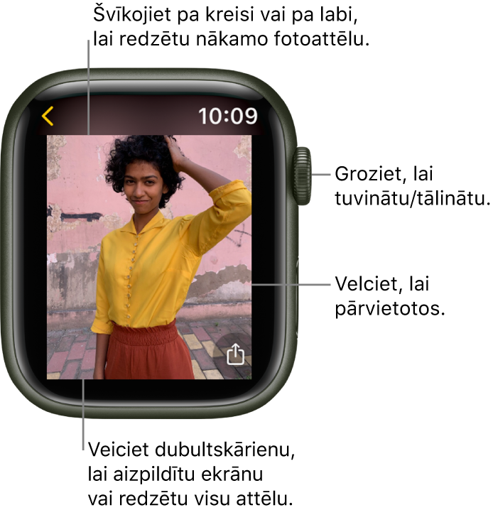 Fotoattēla skatīšanas laikā groziet Digital Crown galviņu, lai tuvinātu/tālinātu, velciet, lai pārvietotos attēlā, vai veiciet dubultskārienu, lai pārslēgtos starp visa fotoattēla skatīšanu un ekrāna aizpildīšanu. Švīkojiet pa kreisi vai pa labi, lai skatītu nākamo fotoattēlu. Lai no fotoattēla izveidotu ciparnīcu, pieskarieties pogai Watch Face apakšējā kreisajā stūrī.