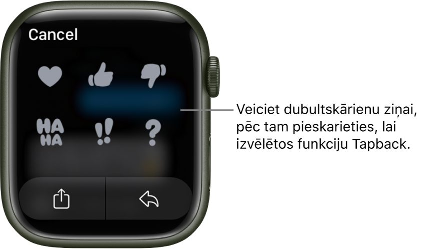 Messages sarakste ar Tapback opcijām: sirsniņa, pacelts īkšķis, nolaists īkšķis, Ha Ha, !! un ?. Apakšā ir poga Replay.