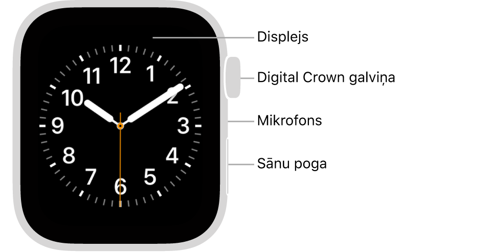Apple Watch Series 6 pulksteņa priekšpuse ar displeju, kurā redzama ciparnīca, un Digital Crown galviņa, mikrofons un sānu poga no augšas uz leju pulksteņa sānā.