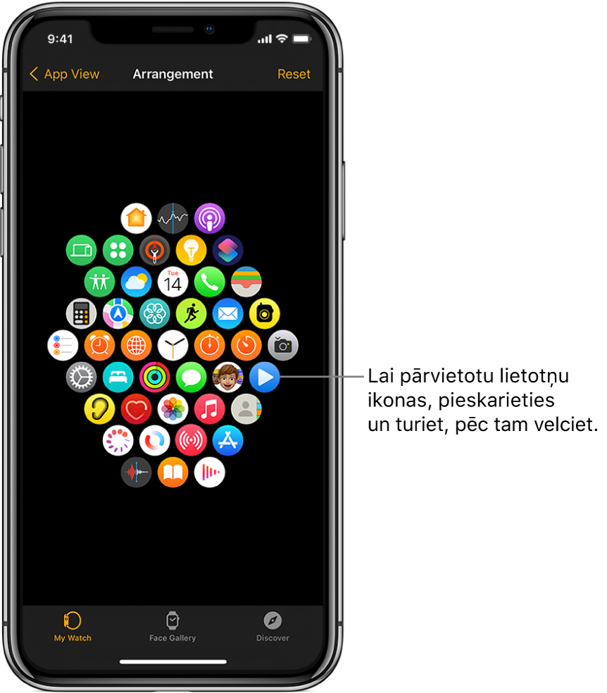 Lietotnes Apple Watch ekrāns Arrangement, kurā redzams ikonu režģis.