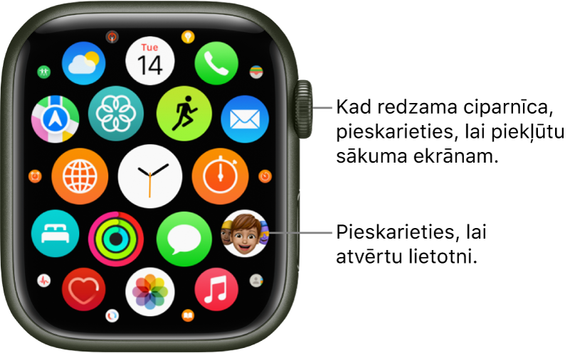 Apple Watch sākuma ekrāns režģa skatā; lietotnes ir izkārtotas klasterī. Lai atvērtu lietotni, pieskarieties tās ikonai. Velciet, lai redzētu vairāk lietotņu.