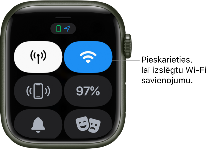 Apple Watch (GPS + Cellular) pulksteņa izvēlne Control Center, kura augšējā labajā stūrī ir poga Wi-Fi. Attēlam ir remarka “Pieskarieties, lai atvienotos no Wi-Fi tīkla”.