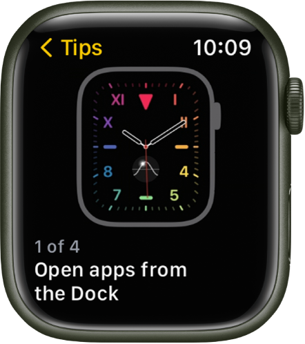 Lietotnē Tips tiek rādīts Apple Watch izmantošanas padoms.