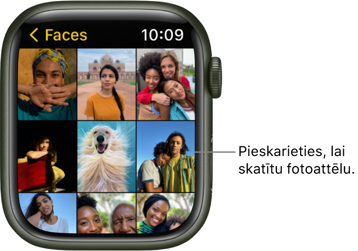 Lietotnes Photos galvenais ekrāns Apple Watch pulkstenī, kurā režģa izkārtojumā izvietoti vairāki fotoattēli.