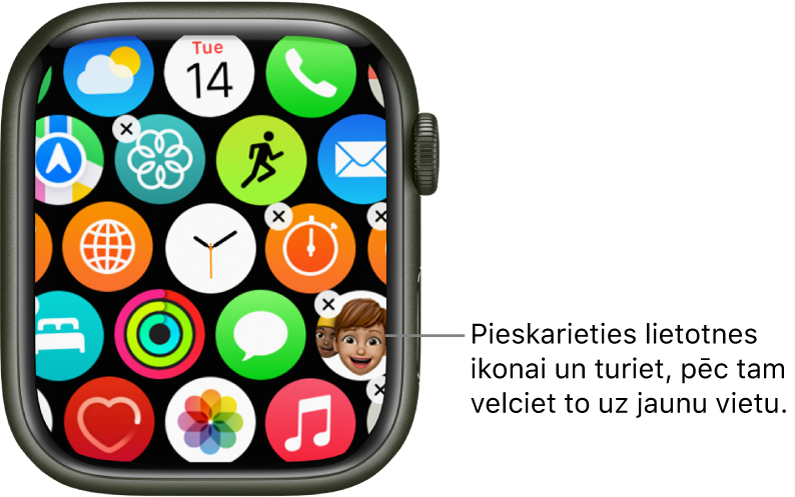 Apple Watch sākuma ekrāns režģa skatā.