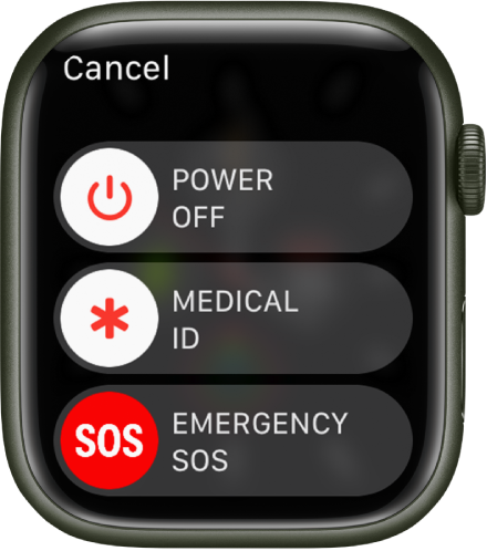 Apple Watch ekrāns, kurā redzami trīs slīdņi: Power Off, Medical ID un Emergency SOS. Velciet slīdni Power Off, lai izslēgtu Apple Watch pulksteni.