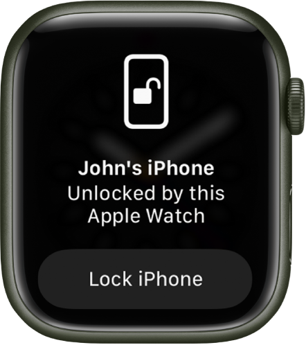 Apple Watch ekrāns, kurā ir redzam vārdi “John’s iPhone Unlocked by this Apple Watch.” Apakšā ir poga Lock iPhone.