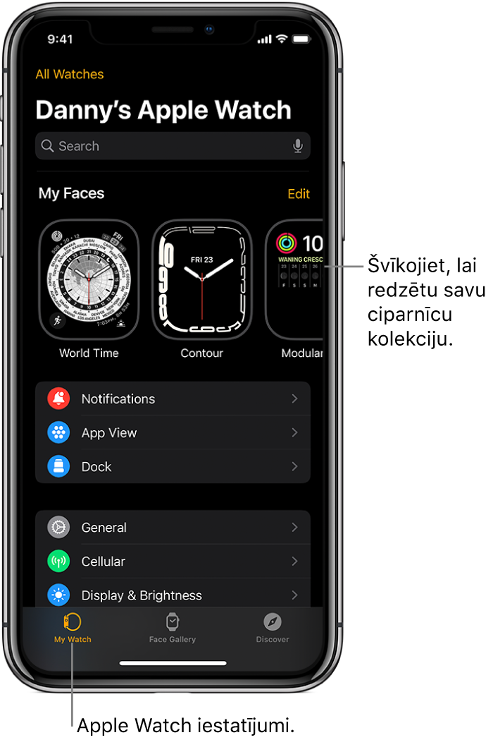 iPhone tālrunī atvērts lietotnes Apple Watch ekrāns My Watch, kura augšdaļā redzamas ciparnīcas, bet zemāk atrodas iestatījumi. Apple Watch lietotnes ekrāna apakšdaļā ir trīs cilnes: cilne pa kreisi ir My Watch, kurā piekļūst Apple Watch iestatījumiem; tālāk atrodas Face Gallery, kur varat skatīt pieejamās ciparnīcas un papildinājumus; un cilne Discover, kurā varat uzzināt vairāk par Apple Watch pulksteni.