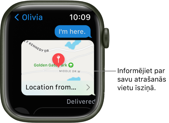 Messages ekrāns, kurā redzama karte ar sūtītāja atrašanās vietu.