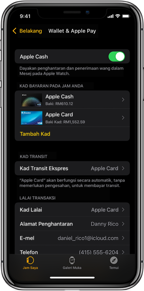 Skrin Wallet & Apple Pay dalam app Apple Watch pada iPhone. Skrin menunjukkan kad yang ditambah ke Apple Watch, kad yang anda pilih untuk digunakan untuk transit ekspres dan seting lalai transaksi.