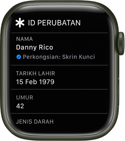 Skrin ID Perubatan menunjukkan nama, tarikh lahir dan umur pengguna.