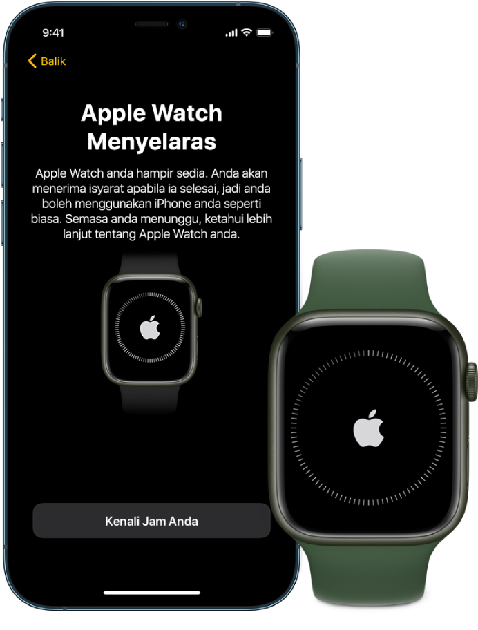 iPhone dan jam bersebelahan. Skrin iPhone menunjukkan “Apple Watch sedang diselaraskan”. Apple Watch menunjukkan kemajuan penyelarasan.