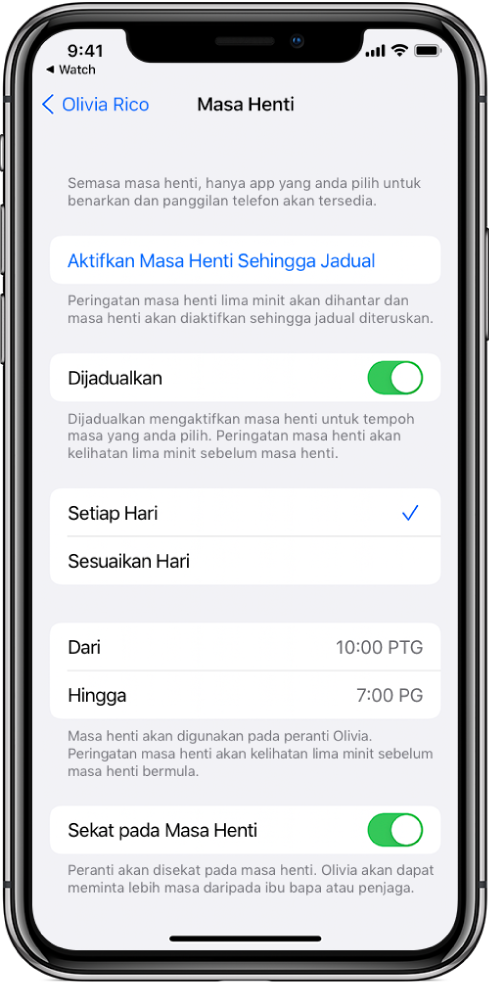 iPhone menunjukkan skrin persediaan Masa Henti. Suis Dijadualkan berdekatan bahagian atas. Pilihan Setiap Hari dan Sesuaikan Hari kelihatan di bahagian bawah, dengan Setiap Hari dipilih. Jam Dari dan Hingga berada di bahagian tengah skrin dan butang Sekat pada Masa Henti berada berhampiran bahagian bawah.