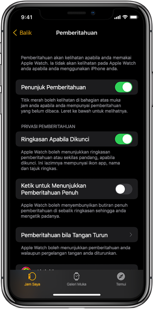 Skrin Pemberitahuan dalam app Apple Watch pada iPhone, menunjukkan sumber pemberitahuan.