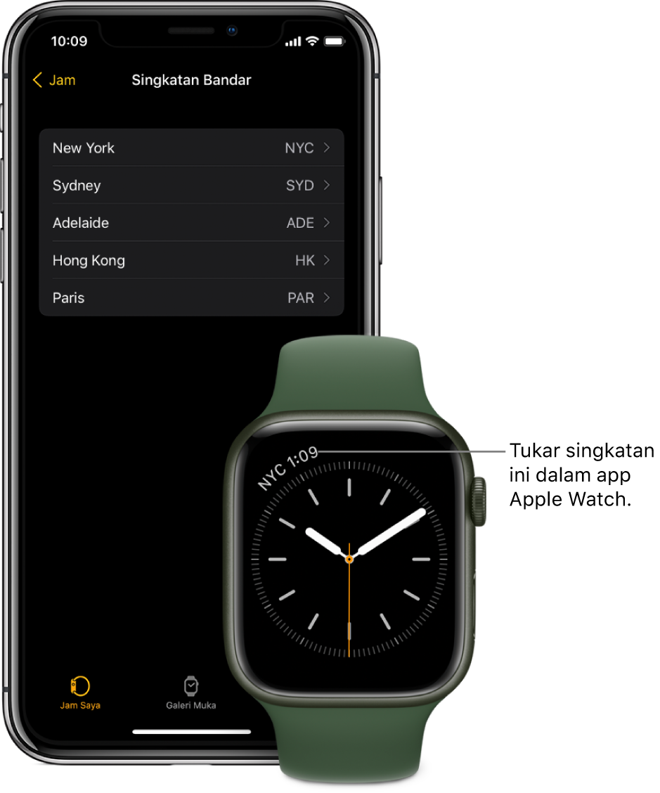 iPhone dan Apple Watch, bersebelahan. Skrin Apple Watch menunjukkan waktu di Kuala Lumpur, menggunakan singkatan KUL. Skrin iPhone menunjukkan senarai bandar pada seting Singkatan Bandar, dalam seting Jam dalam app Apple Watch.