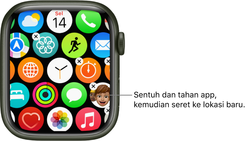 Skrin Utama Apple Watch dalam paparan grid.