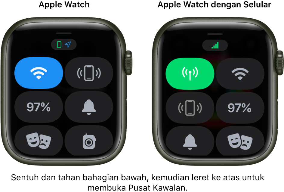 Dua imej: Apple Watch tanpa selular di bahagian kiri, menunjukkan Pusat Kawalan. Butang Wi-Fi di bahagian kiri atas, butang Ping iPhone di bahagian kanan atas, butang Peratusan Bateri di bahagian kiri tengah, butang Mod Senyap di bahagian kanan tengah, mod Teater di bahagian kiri bawah dan butang Walkie-Talkie di bahagian kanan bawah. Imej kanan menunjukkan Apple Watch dengan Selular. Pusat Kawalannya menunjukkan butang Selular di bahagian kiri atas, butang Wi-Fi di bahagian kanan atas, butang Ping iPhone di bahagian kiri tengah, butang Peratusan Bateri di bahagian kanan tengah, butang Mod Senyap di bahagian kiri bawah dan butang mod Teater di bahagian kanan bawah.