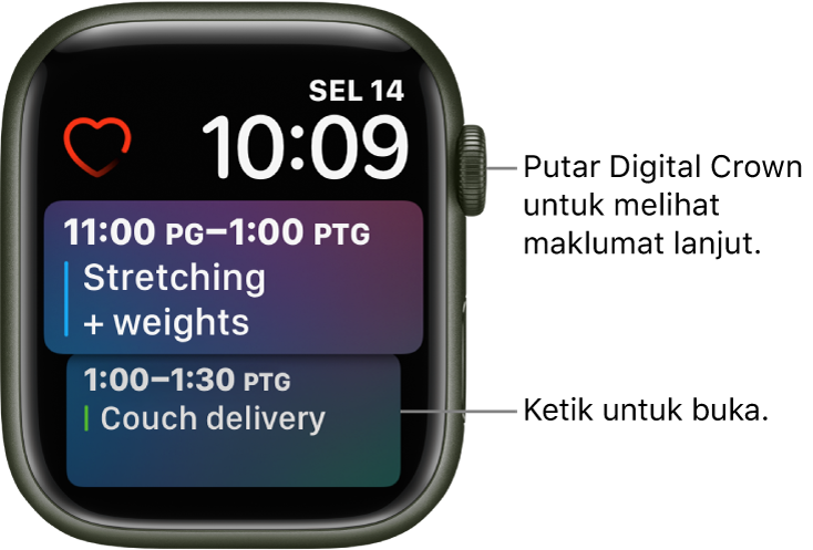 Muka jam Siri menunjukkan peringatan dan peristiwa kalendar. Komplikasi Kadar Jantung berada di bahagian kiri atas skrin. Tarikh dan masa berada di bahagian kanan atas. Komplikasi Jadual Kalendar berada di bahagian bawah, menunjukkan dua peristiwa.