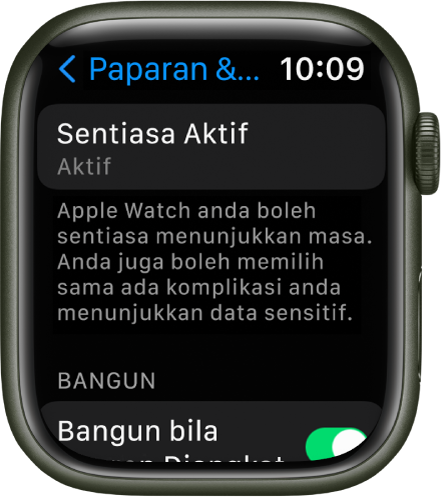 Skrin Paparan & Kecerahan menunjukkan butang Sentiasa Aktif.