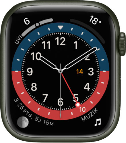 Muka jam GMT yang anda boleh laraskan warna muka. Ia menunjukkan empat komplikasi: Indeks UV di bahagian kiri atas, Suhu di bahagian kanan atas, Bulan di bahagian kiri bawah dan Muzik di bahagian kanan bawah.
