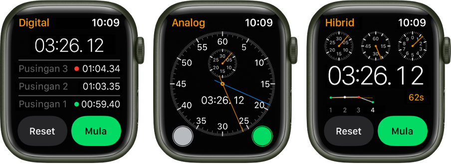 Tiga jenis jam randik dalam app Jam Randik: Jam randik digital dengan pembilang pusingan, jam randik analog dan jam randik hibrid yang menunjukkan masa dalam bentuk analog dan digital. Setiap jam mempunyai butang mula dan reset.