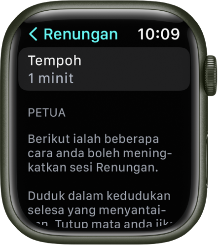 Skrin app Sedar Minda menunjukkan tempoh satu minit di bahagian atas. Di bawah ialah petua untuk membantu meningkatkan sesi Renungan.