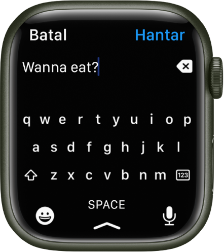 Skrin entri teks menunjukkan papan kekunci QWERTY. Sesetengah teks kelihatan di bahagian atas dengan butang Padam di sebelah kanan. Butang Emoji, Space dan Rencana berada di bahagian bawah.