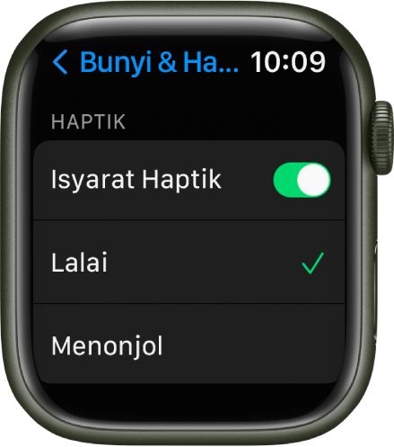 Seting Bunyi & Haptik pada Apple Watch, dengan suis Isyarat Haptik dan pilihan Lalai dan Utama di bawahnya.