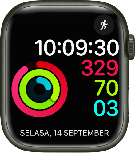 Muka jam Digital Aktiviti menunjukkan masa begitu juga kemajuan gol Bergerak, Bersenam dan Berdiri. Terdapat juga dua komplikasi: Latihan di bahagian kanan atas dan komplikasi Kalendar yang menunjukkan hari, bulan dan tarikh di bahagian bawah.