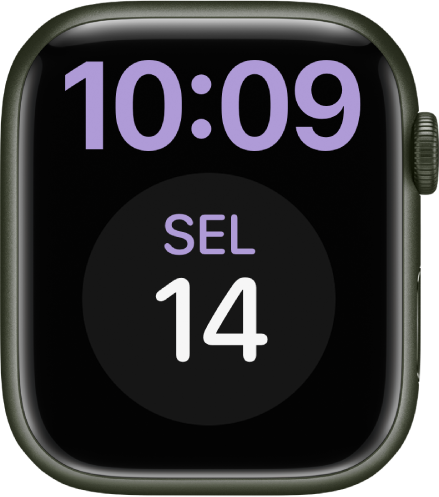 Muka jam Lebih Besar memaparkan masa dalam format digital di bahagian atas. Komplikasi Kalendar yang besar berada di bahagian bawah.