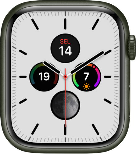 Muka Meridian yang anda boleh laraskan warna muka dan butiran pendail. Ia menunjukkan empat komplikasi di dalam muka jam analog: Kalendar di bahagian atas, Indeks UV di sebelah kanan, Fasa Bulan di bahagian bawah dan Suhu di sebelah kiri.