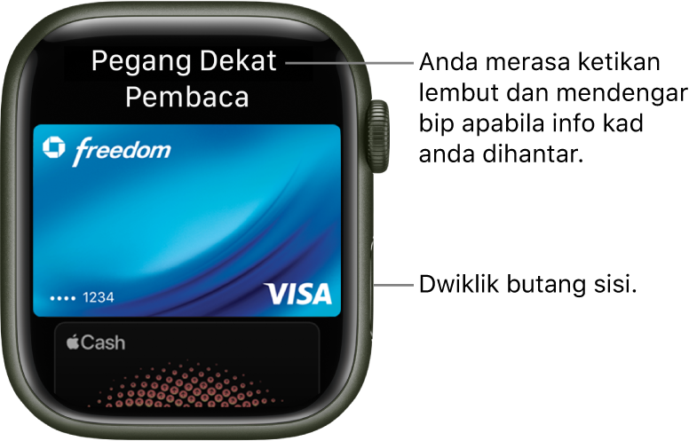 Skrin Apple Pay dengan “Pegang Berdekatan Pembaca” di bahagian atas; anda akan merasa ketikan lembut dan mendengar bip apabila maklumat kad anda dihantar.