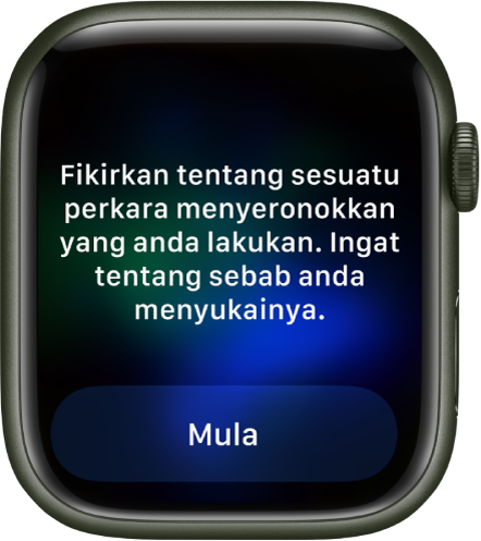 App Sedar Minda menunjukkan buah fikiran yang anda boleh renungkan—”Fikirkan perkara menyeronokkan yang anda lakukan. Ingat sebab anda sukakannya.” Butang Teruskan berada di bawah.