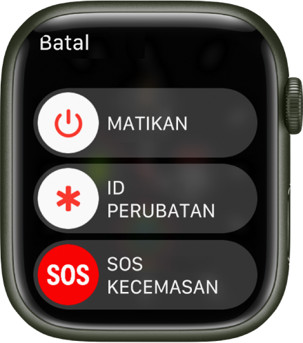 Skrin Apple Watch menunjukkan tiga gelangsar: Matikan Kuasa, ID Perubatan dan SOS Kecemasan.