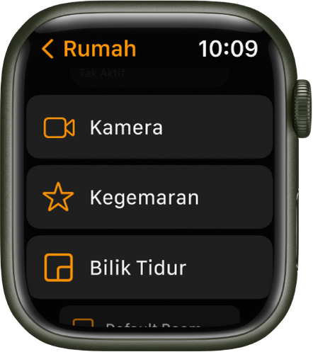 App Rumah menunjukkan senarai yang mengandungi butang untuk Kamera, Kegemaran dan bilik.