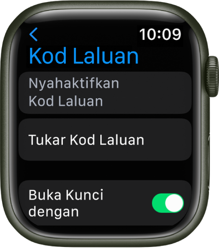 Seting kod laluan pada Apple Watch, dengan butang Nyahaktifkan Kod Laluan di bahagian atas, butang Tukar Kod Laluan di bawahnya dan suis Buka Kunci dengan iPhone di bahagian bawah.