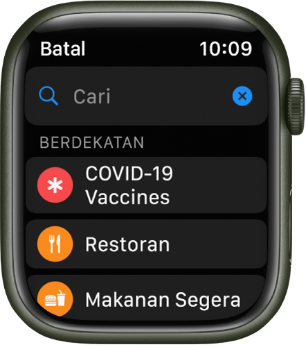 Skrin Carian app Peta menunjukkan medan Carian berdekatan bahagian atas. Di bawah Berdekatan ialah butang untuk vaksin COVID-19, restoran dan makanan segera.