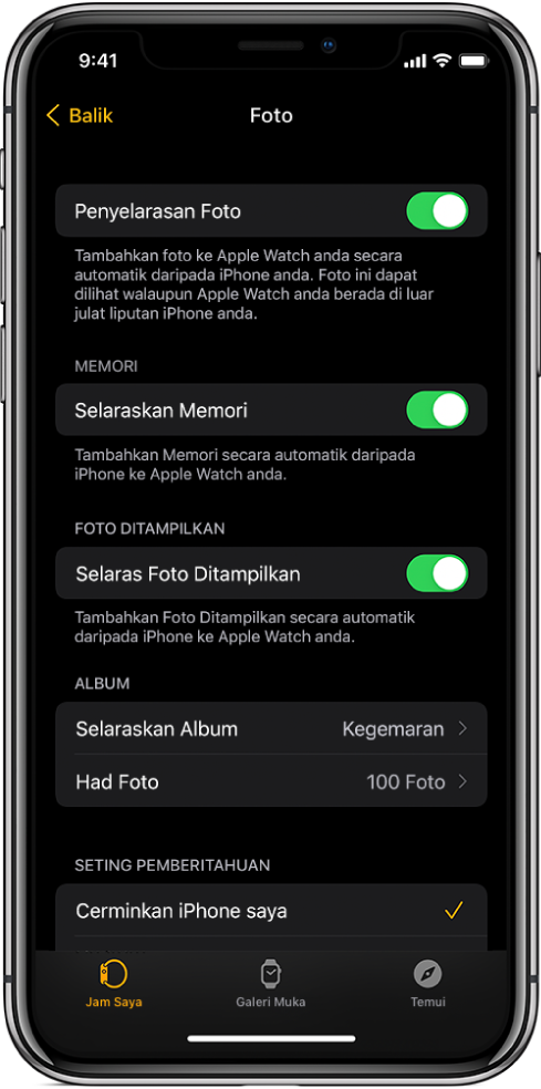 Seting foto dalam app Apple Watch pada iPhone, dengan seting Penyelarasan Foto di bahagian tengah dan seting Had Foto di bawahnya.