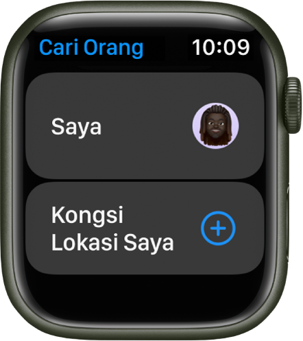 App Cari Orang menunjukkan entri untuk anda dan butang Kongsi Lokasi Saya.