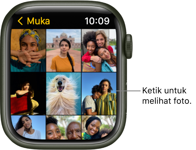 Srin utama app Foto pada Apple Watch, dengan beberapa foto dipaparkan dalam grid.