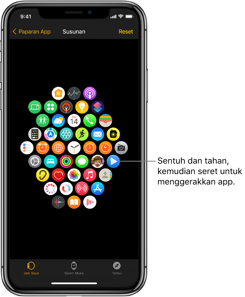 Skrin Susunan dalam app Apple Watch menunjukkan grid ikon.