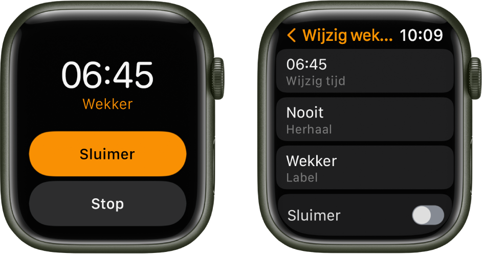 Twee Apple Watch-schermen: Het ene scherm toont een wijzerplaat met de knoppen 'Sluimer' en 'Stop' en het andere scherm toont opties om de instellingen van de wekker te wijzigen, met daaronder de knoppen 'Wijzig tijd', 'Herhaal' en 'Wekker'. Onderin bevindt zich een sluimerschakelaar. De sluimerschakelaar is uitgeschakeld.