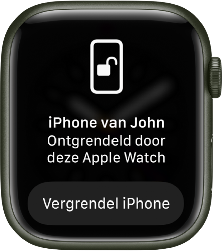Apple Watch-scherm met de melding ''iPhone van Bram' ontgrendeld door deze Apple Watch'. Daaronder staat de knop 'Vergrendel iPhone'.