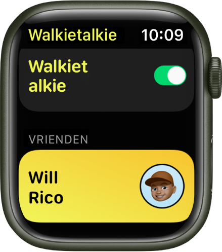 Het Walkietalkie-scherm met bovenin een de Walkietalkie-schakelaar en onderin een vriend(in) die je hebt uitgenodigd.