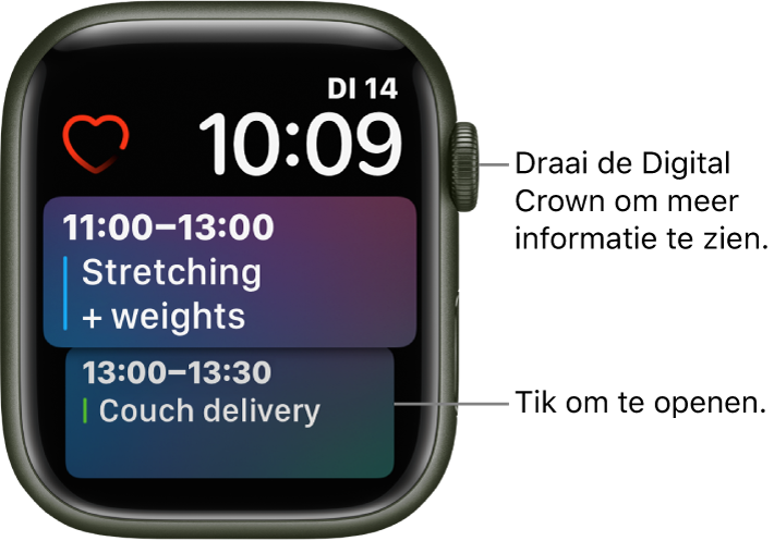 De wijzerplaat Siri met een herinnering en een agenda-activiteit. Linksboven op het scherm bevindt zich de complicatie Hartslag. Rechtsbovenin bevinden zich de datum en de tijd. Daaronder is een Agenda-complicatie te zien met twee activiteiten.