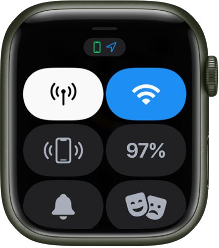 Het bedieningspaneel met zes knoppen: de mobielnetwerkknop, de wifiknop, de knop 'Stuur signaal naar iPhone', de batterijknop, de knop 'Stille modus' en de theatermodusknop.