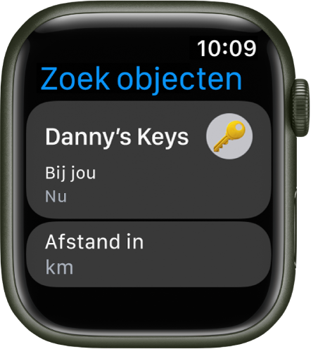 De app Zoek objecten laat zien dat de AirTag die is bevestigd aan een sleutelbos zich bij jou bevindt. Daaronder bevindt zich de knop 'Afstand in mijl'.