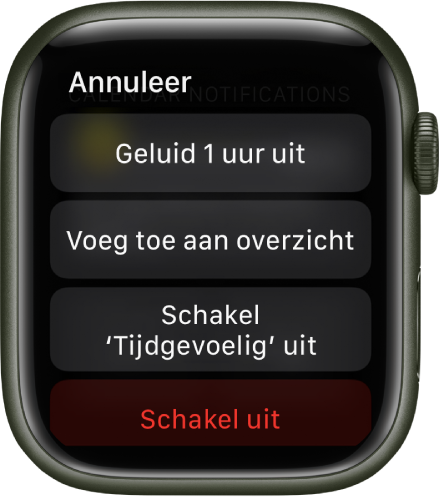 Berichtgevingsinstellingen op de Apple Watch. Op de bovenste knop staat 'Geluid 1 uur uit'. Daaronder staan de knoppen 'Voeg toe aan overzicht', 'Schakel 'Tijdgevoelig' uit' en 'Schakel uit'.